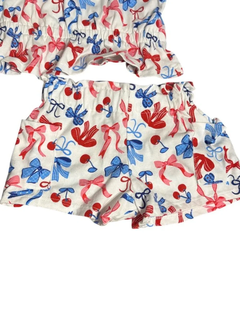 Rare Editions 2 Piece Outfit Cherry Bow Red White Blue Top And Shorts Size 18M